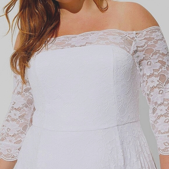 ❤️NWT VINTAGE TORRID WEDDING DRESS WHITE LACE OFF SHOULDER A LINE GOWN PLUS SIZE - Picture 3 of 14